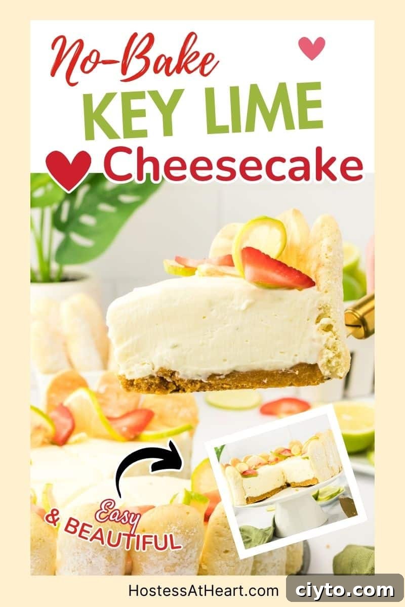An image for Pinterest of a no-bake lime cheesecake with a ladyfinger crust topped with fresh strawberries and lime wheels - Hostess At Heart