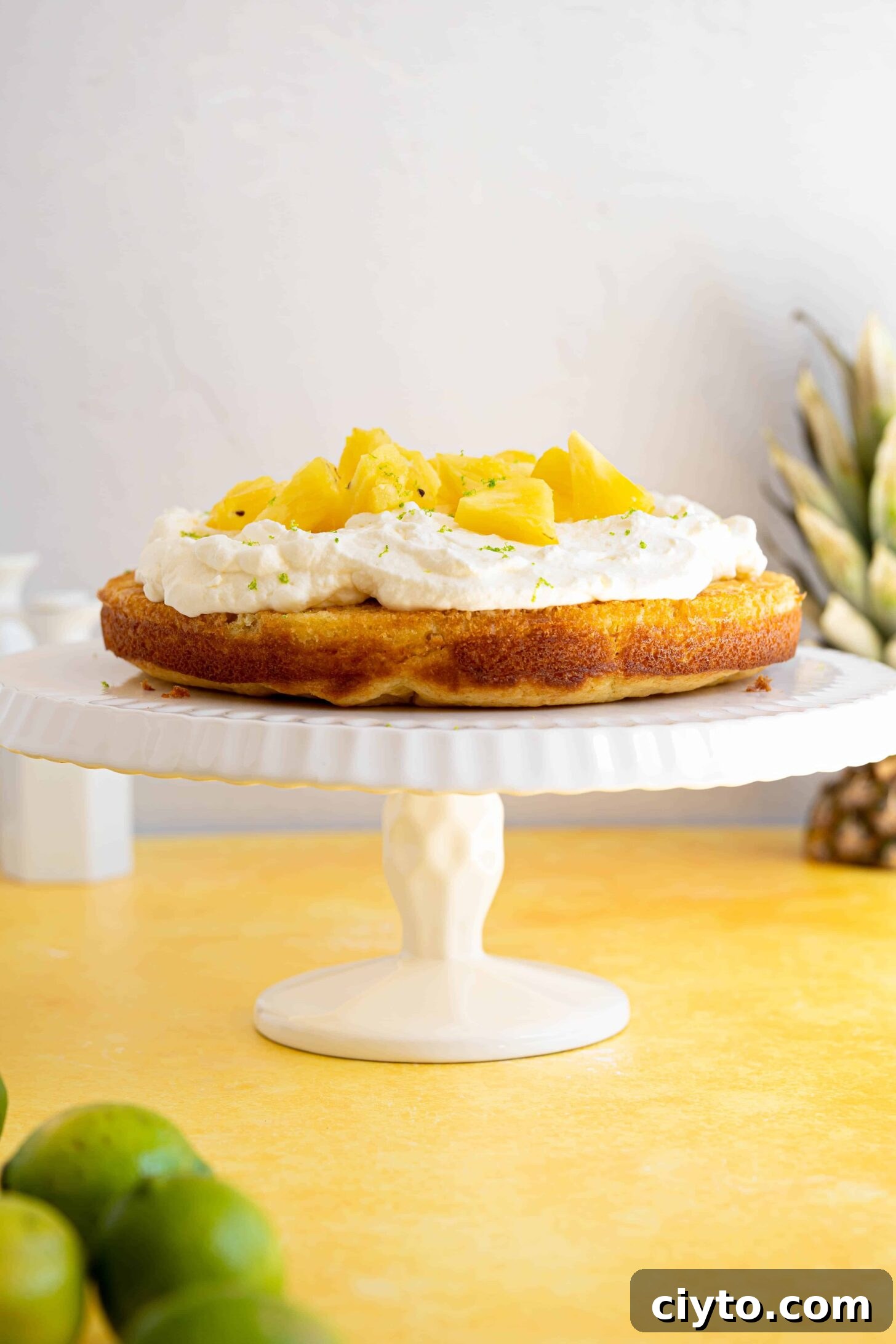 Moist Pina Colada Cake Recipe with Fresh Pineapple 12 a whole pina colada cake on a table