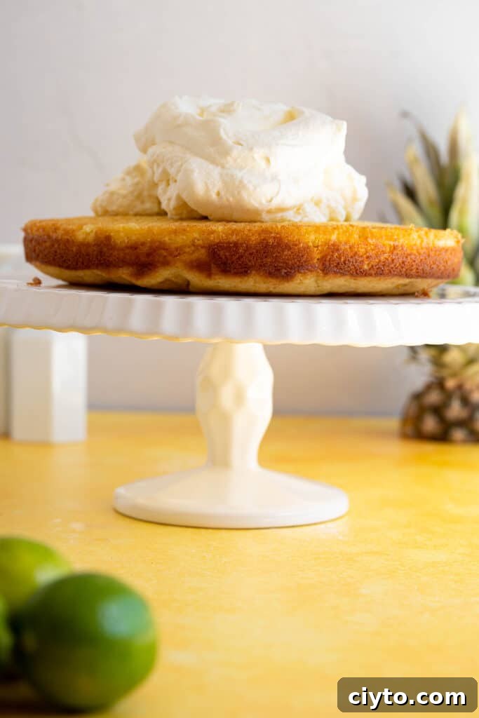 Moist Pina Colada Cake Recipe with Fresh Pineapple 9 a pina colada cake with whipped coconut cream on top