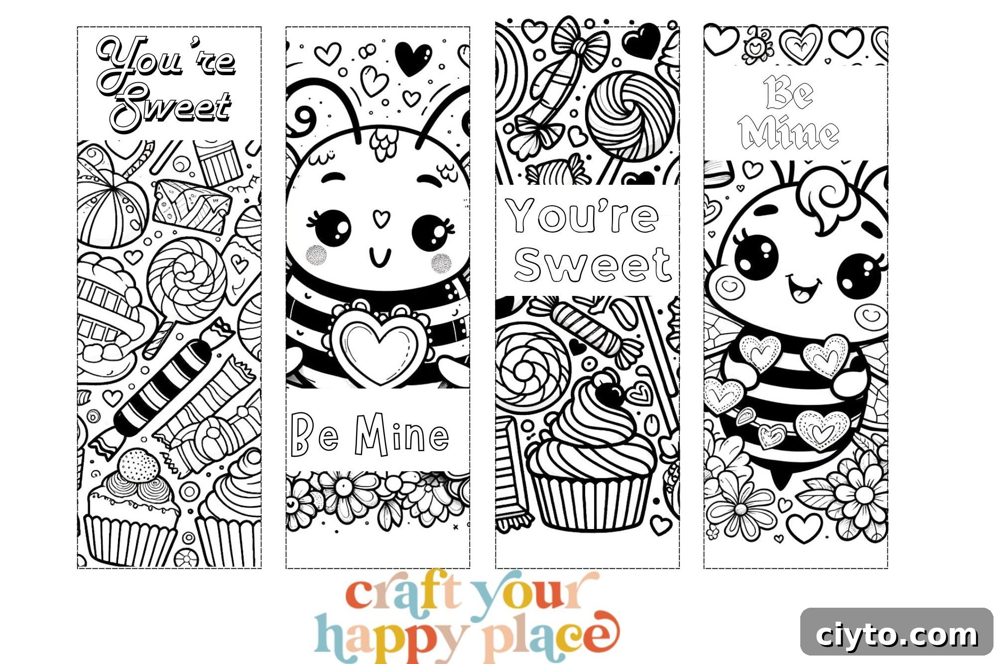 Free Printable Valentine's Day Coloring Bookmarks 3 Sheet of Valentine’s Day bookmarks with outlines for coloring