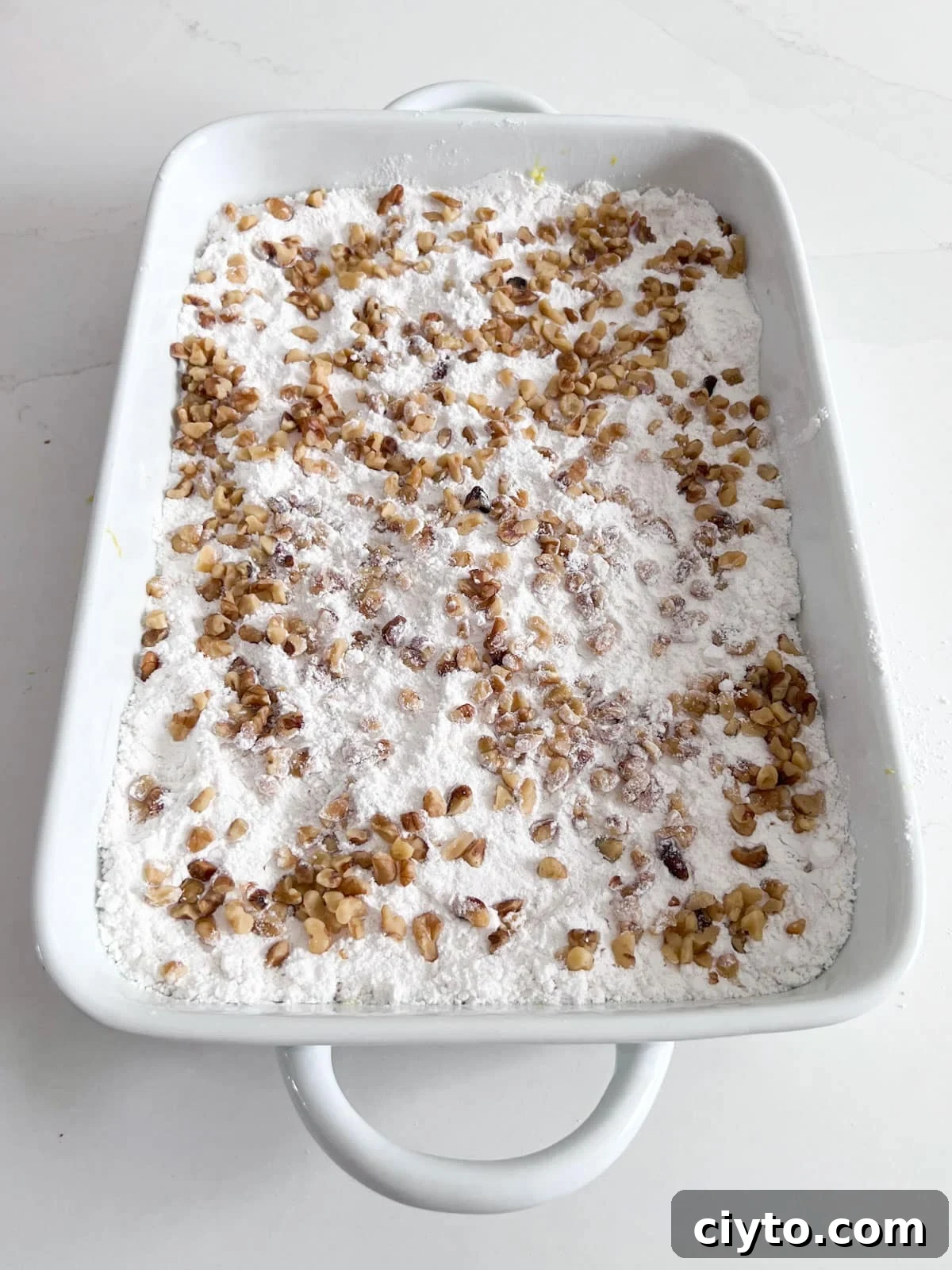 The cake pan with the even layer of cake mix on top and chopped walnuts sprinkled on that.