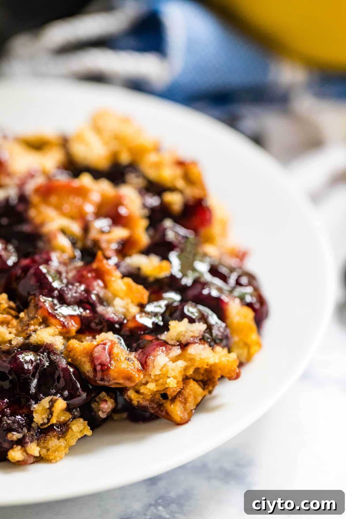 A close up image of the side of a white plate of blueberry dump cake focusing on the blueberry filling and golden brown crust.