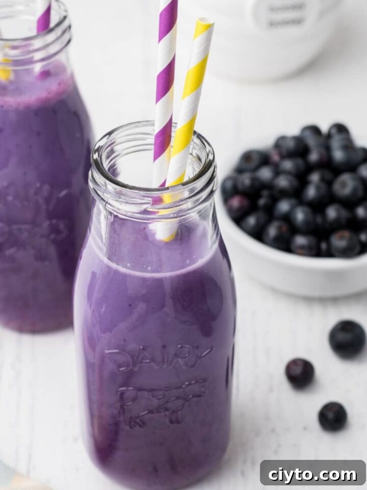 a purple looking drink inside two milk bottles, this is blueberry milk. With a bowl of blueberries in the background