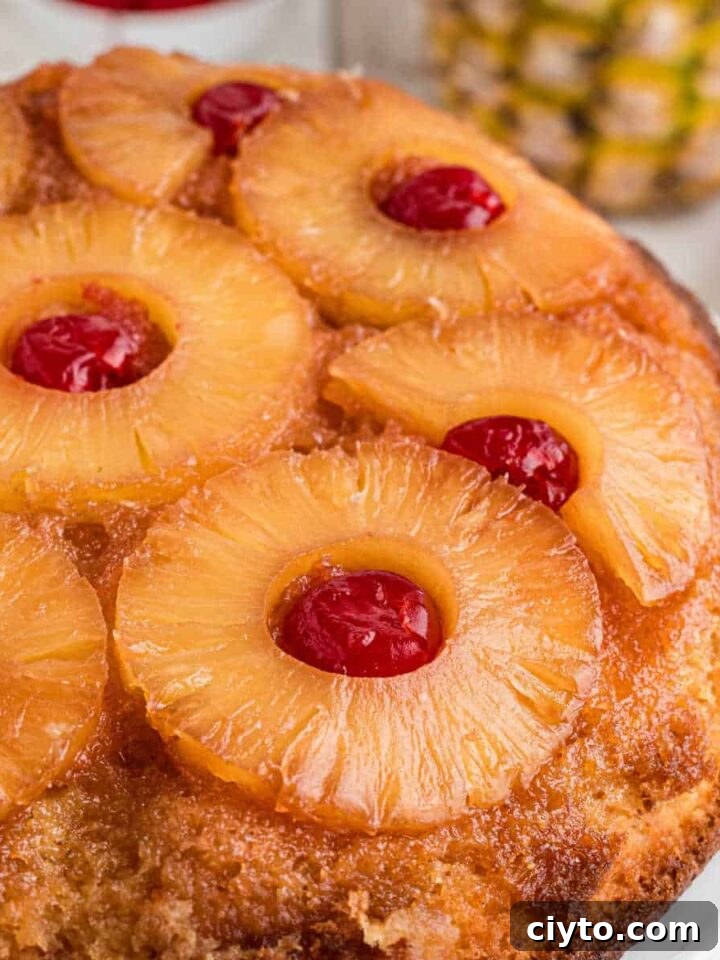 Close up image from the side of a pineapple upside down cake.