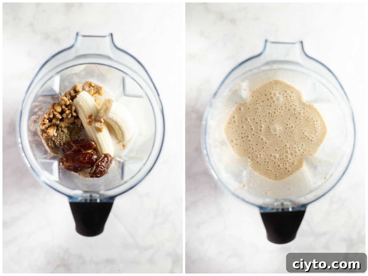 ingredients in blender to make a date smoothie breakfast drink