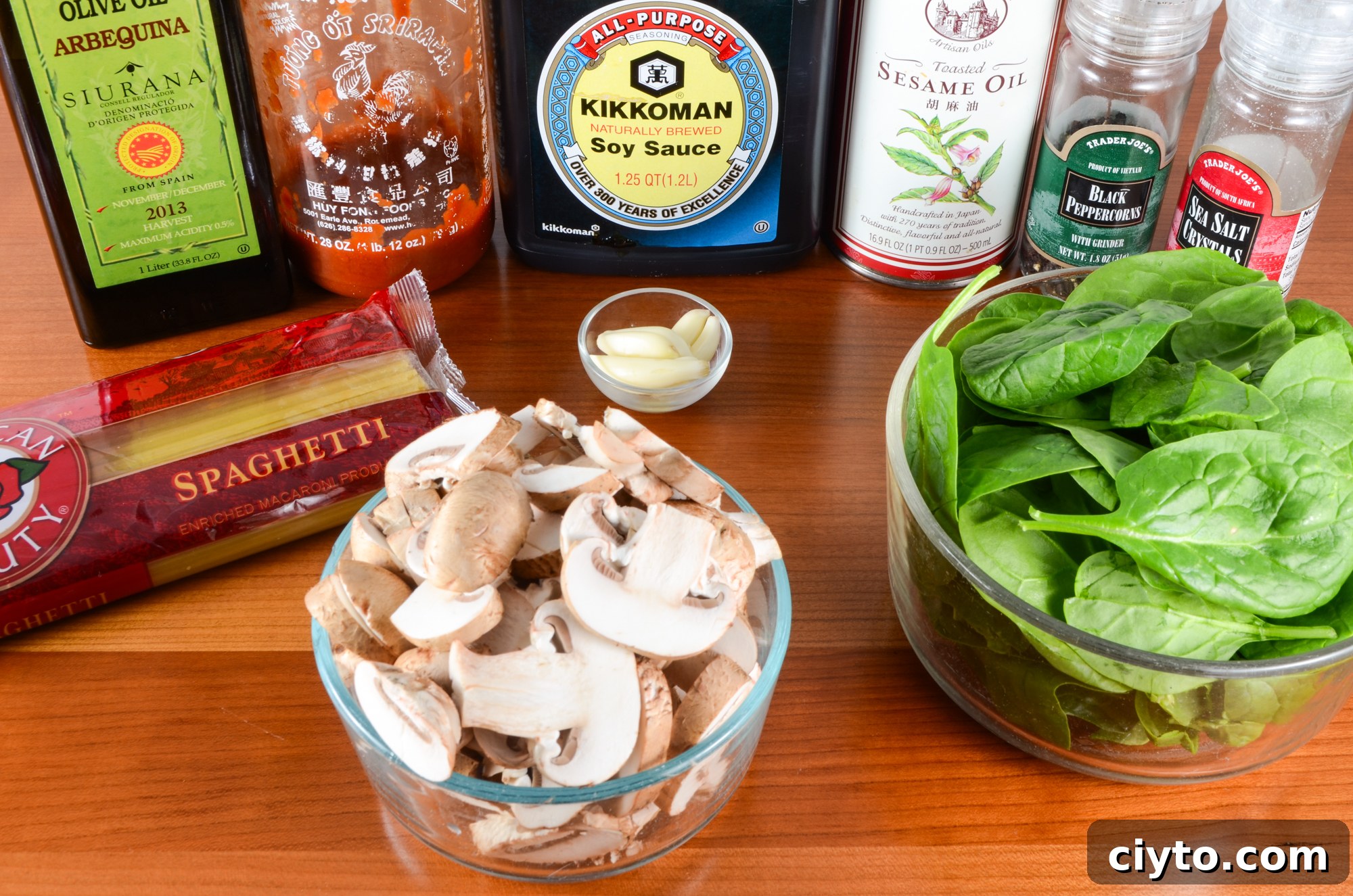 Mushroom, Spinach, and Garlic Noodles plated