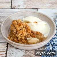 a dish of apple crumble with vanilla ice cream