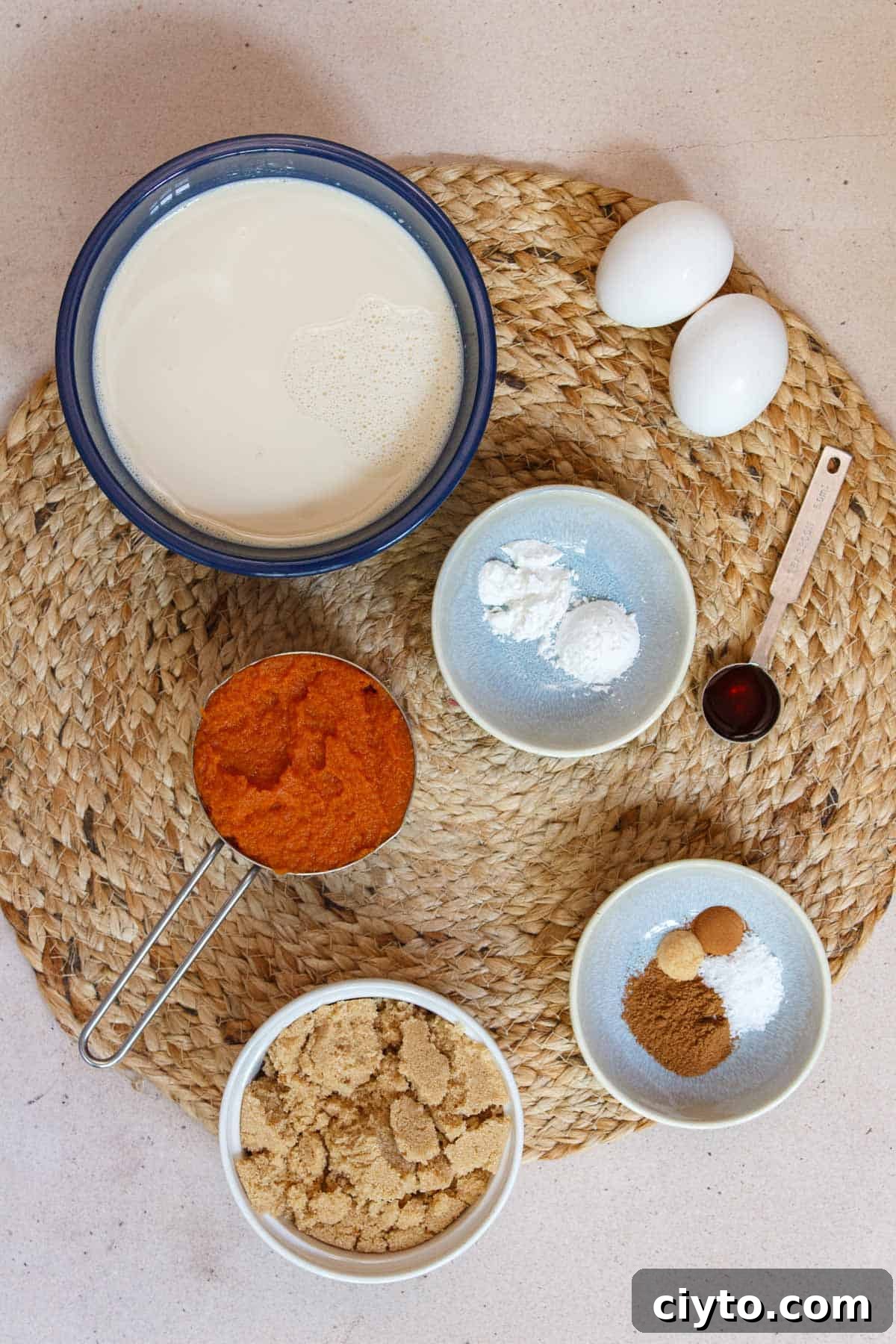 Baked pumpkin custard ingredients.