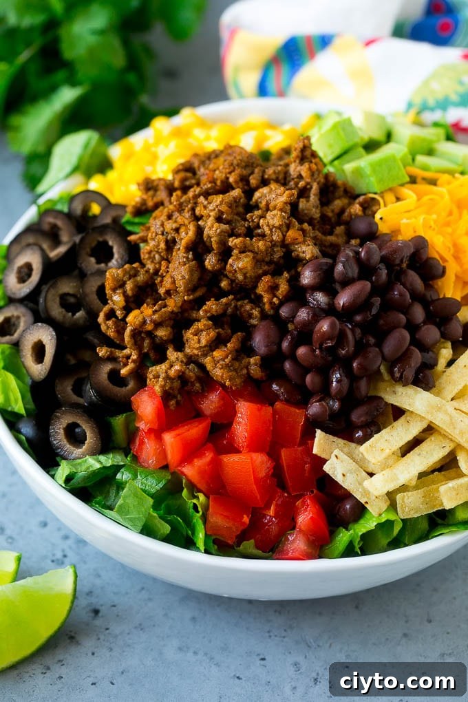 Crispy Taco Salad with Fresh Salsa and Avocado 7 Ground beef, tortilla strips, beans, tomatoes, olives, corn and avocado over lettuce.