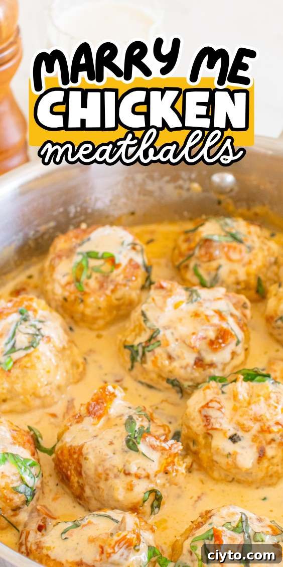 Close-up of marry me chicken meatballs in a creamy sauce, garnished with herbs, in a skillet. Text reads, "Marry Me Chicken Meatballs.
