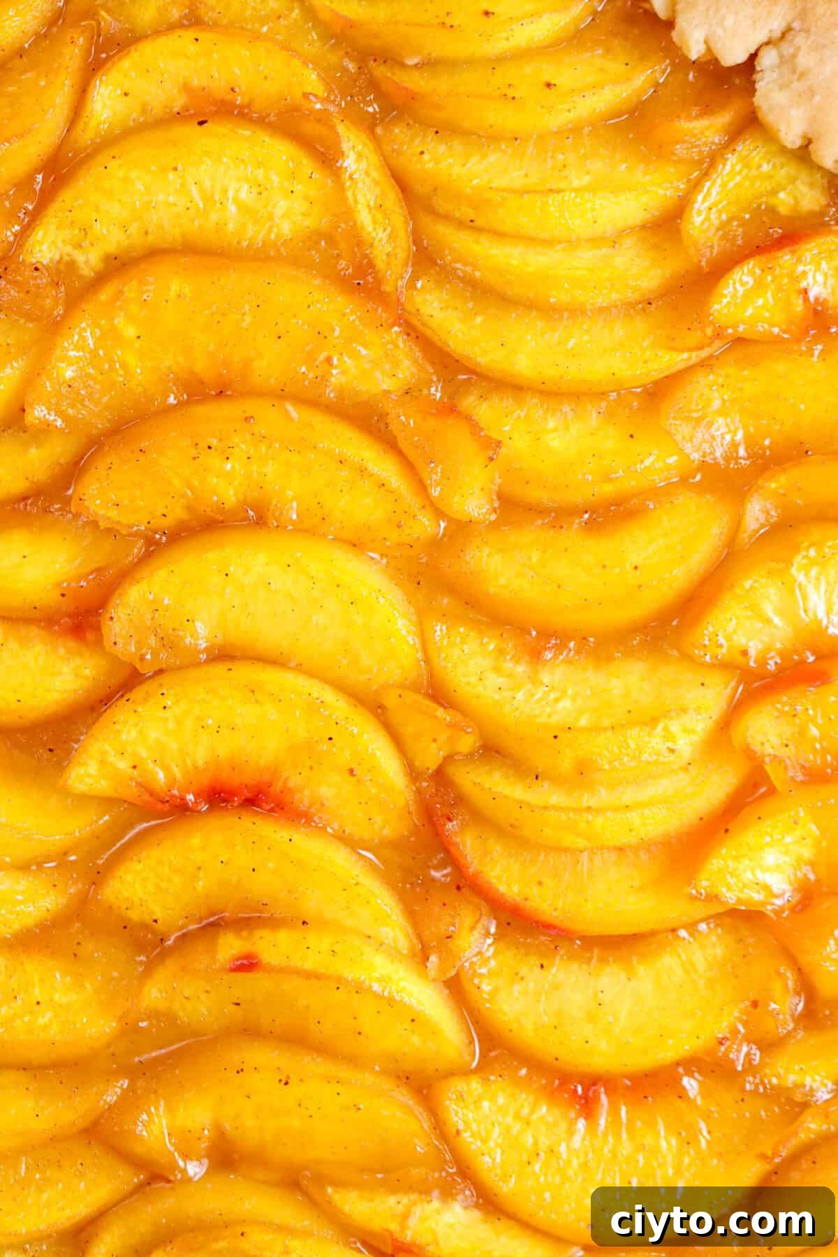 close up of sliced and baked peach slices