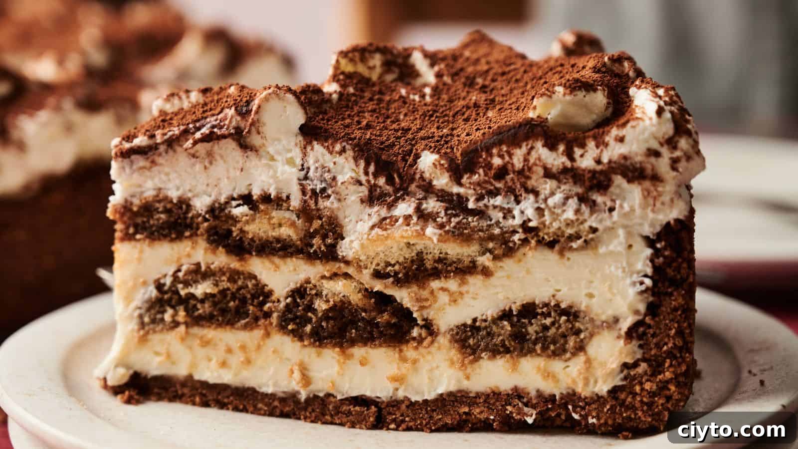 A close-up of a slice of layered tiramisu cake with cream, coffee-soaked sponge, and dusted cocoa powder on top, served on a white plate.