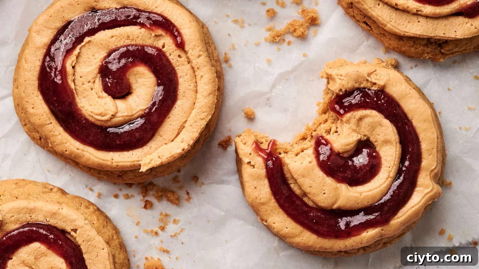 Close-up of spiral cookies with red jam filling on parchment paper, reminiscent of Copycat Crumbl Peanut Butter and Jelly Cookies, one partially eaten and surrounded by crumbs.