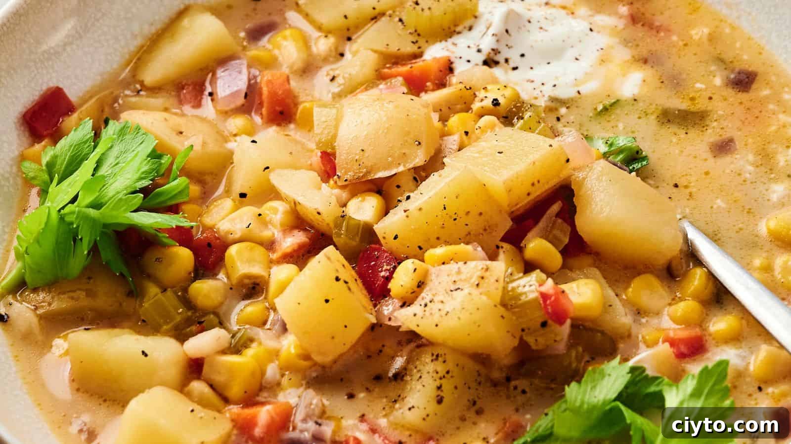 A close-up of a hearty potato and corn chowder with diced vegetables and a dollop of sour cream, garnished with fresh parsley.