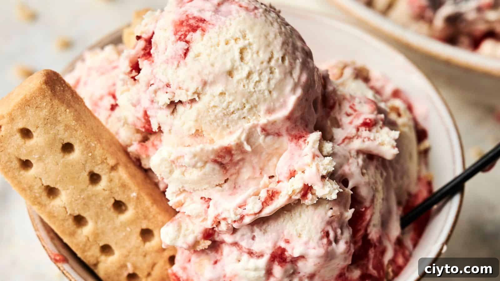 A bowl of strawberry swirl ice cream topped with a rectangular shortbread biscuit, with a spoon on the side.