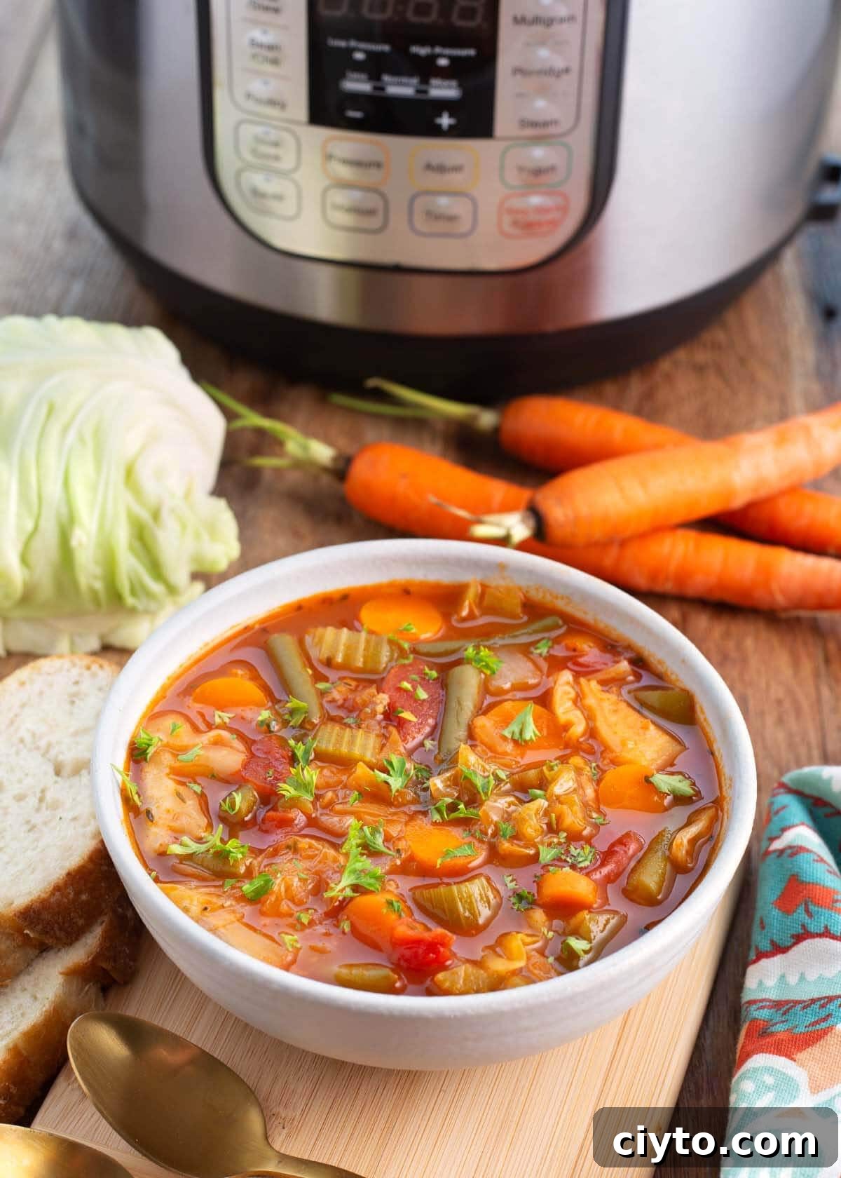 Instant Pot Cabbage Soup in white bowl