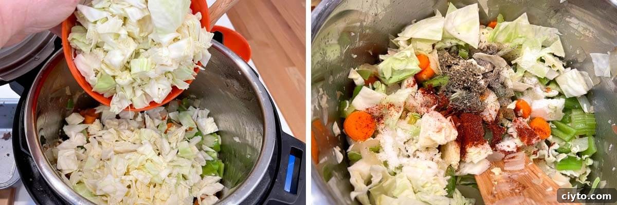 adding cabbage and spices to pot.