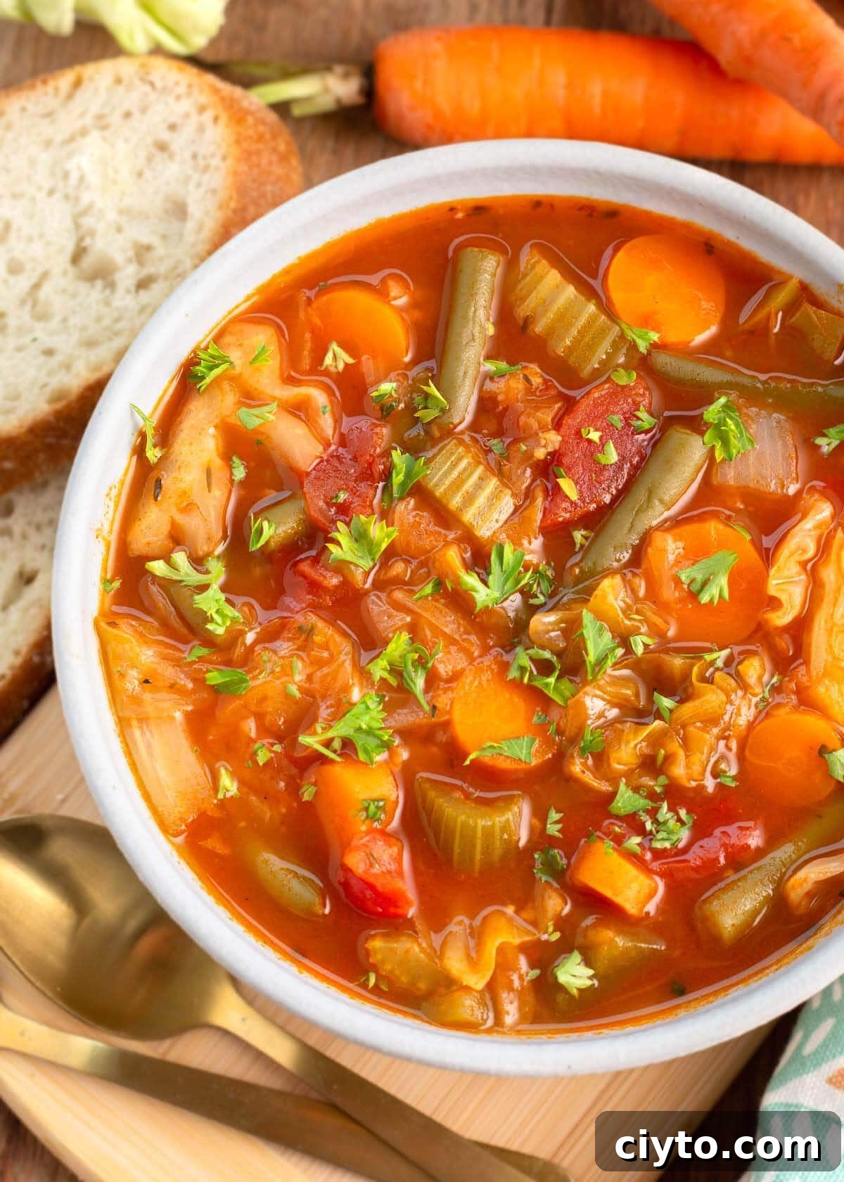 Cabbage Soup in white bowl.