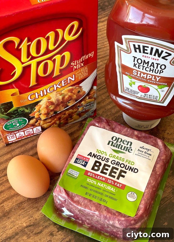 The best simple meatloaf made with stovetop stuffing for busy weeknights.