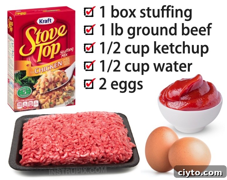 A super quick and easy dinner recipe made with just ground beef, stove top stuffing, ketchup and eggs.