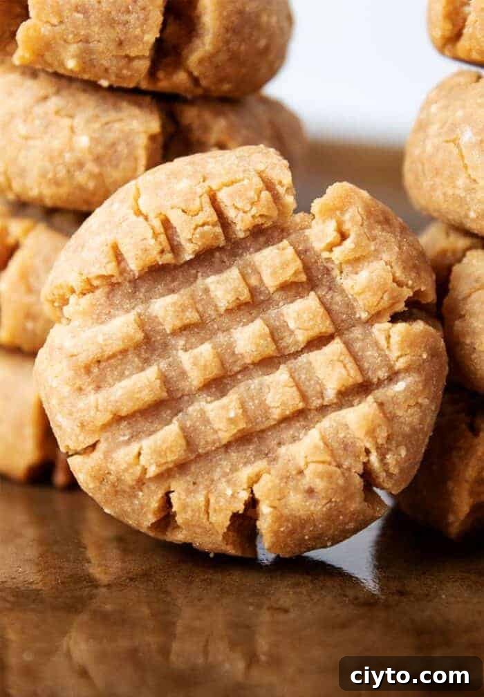 Low-Carb Peanut Butter Crunch Bars, Gluten Free, No Added Sugar 13 stack of keto peanut butter cookies on cookie sheet