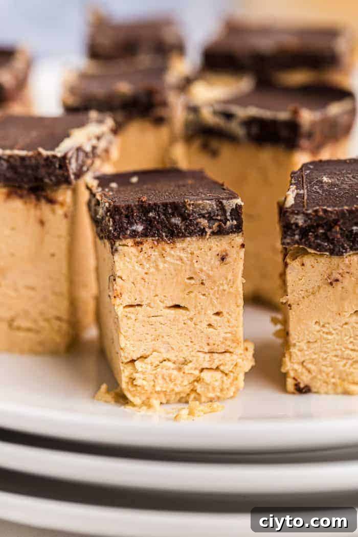 Low-Carb Peanut Butter Crunch Bars, Gluten Free, No Added Sugar 15 closeup of a keto peanut butter dessert piece with a chocolate fat bombs topping