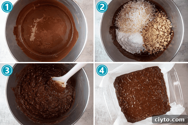 Low-Carb Peanut Butter Crunch Bars, Gluten Free, No Added Sugar 3 overhead view of the four steps for how to make homemade crunchy chocolate bars with peanut butter