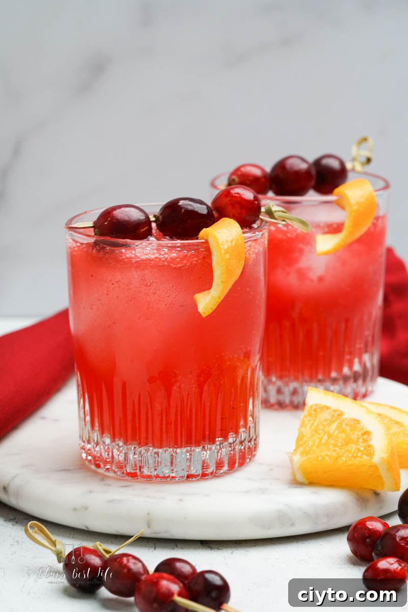 Vodka Spritzer with Homemade Cranberry Syrup 2 a clear glass with a cranberry vodka cocktail decorated with orange twists and fresh cranberries on a toothpick