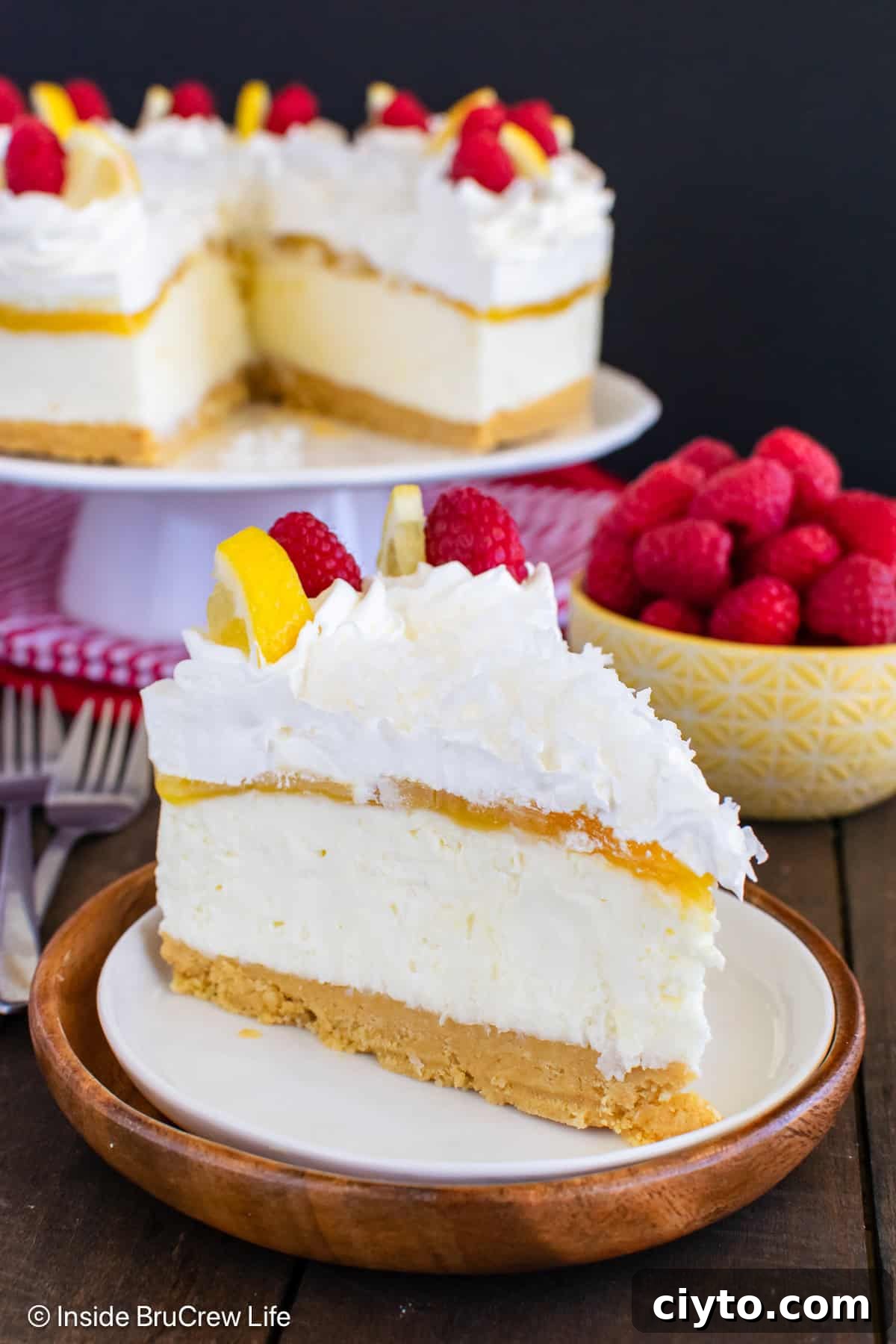 No-Bake Lemon Coconut Cheesecake Recipe 2 A slice of no bake lemon coconut cheesecake on a plate with the rest behind it.