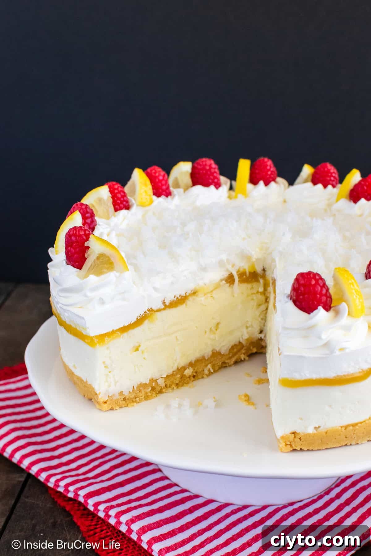 No-Bake Lemon Coconut Cheesecake Recipe 4 An inside look at the layers inside a no bake lemon coconut cheesecake.
