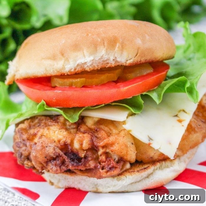 spicy chicken sandwich on table with lettuce, tomatoes, and cheese 