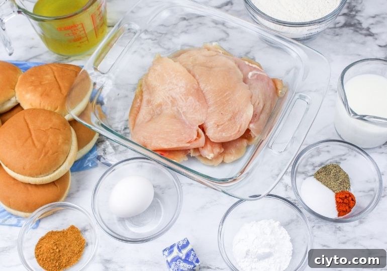 ingredients for deluxe chicken sandwich on marble counter 