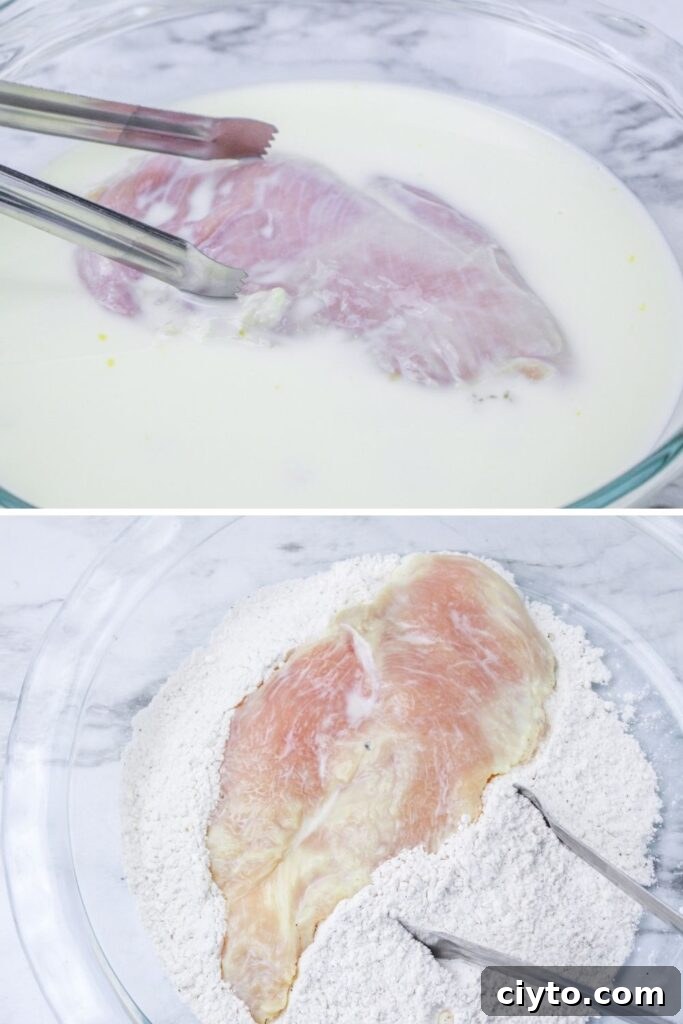 showing in collage on how to dredge chicken 