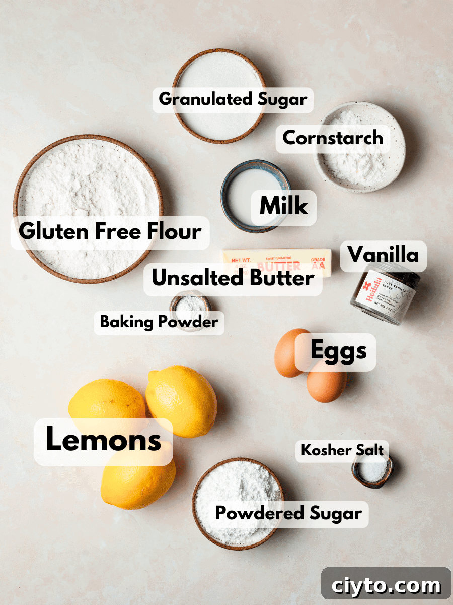 a collage on ingredients needed to make gluten free lemon madeleines