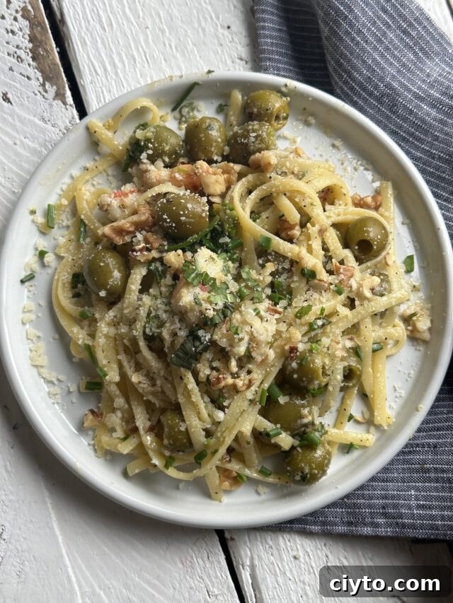 New Year's Eve Dinner Recipes and Menu Ideas 15 overhead shot of plated olive chimichurri pasta