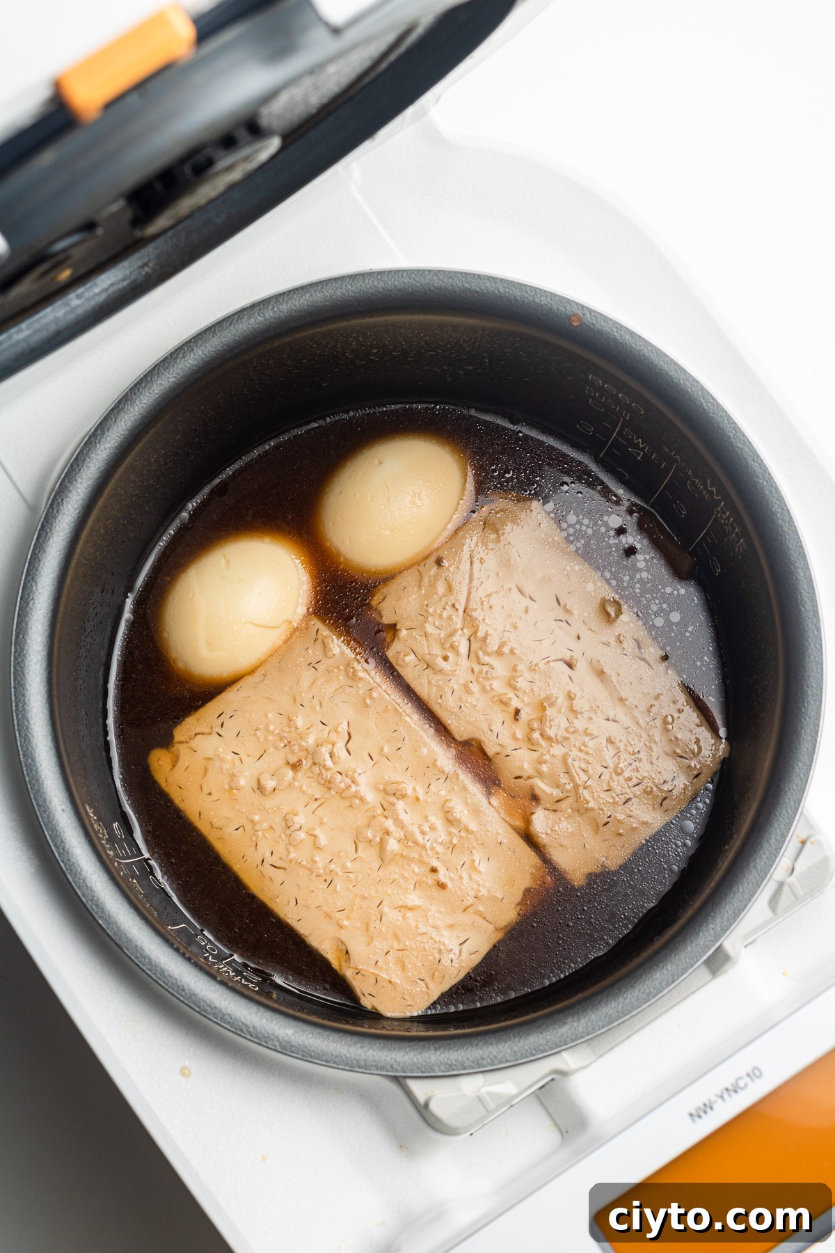 tofu and eggs in a rice cooker with broth