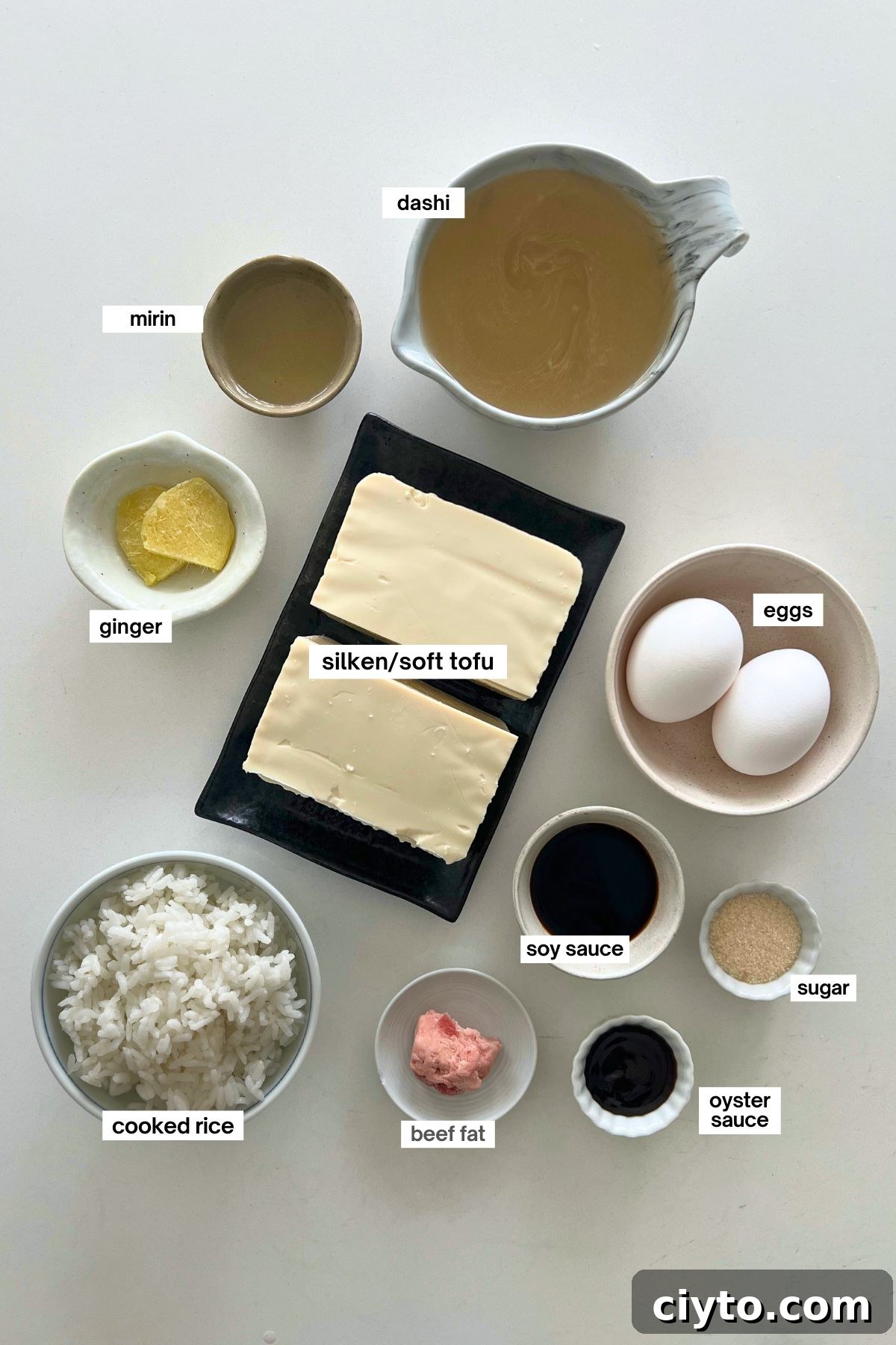 ingredients for tofu and rice (toumeshi) in small bowls