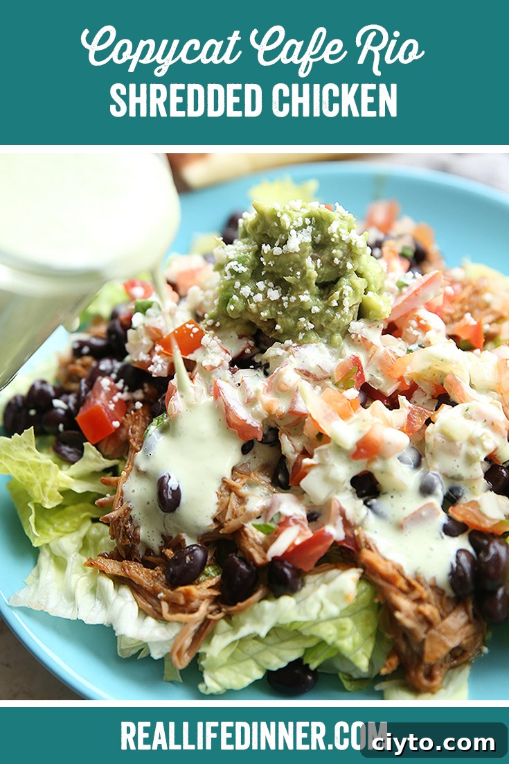 Pinterest picture with the text "Copycat Cafe Rio Shredded Chicken" at the top.