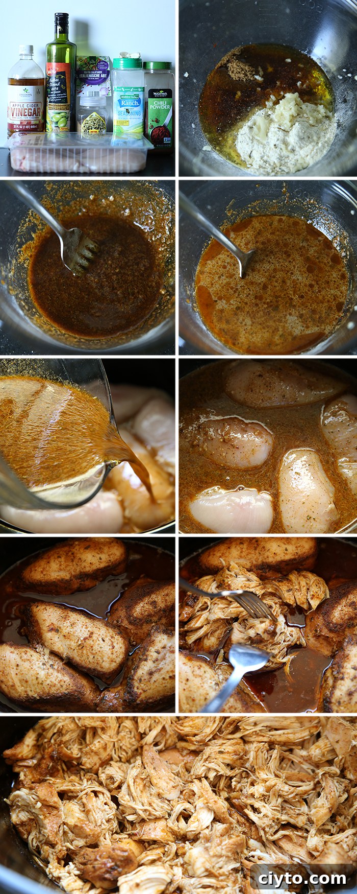 10-photo picture collage of step-by-step photos of how to make copycat cafe rio shredded chicken.