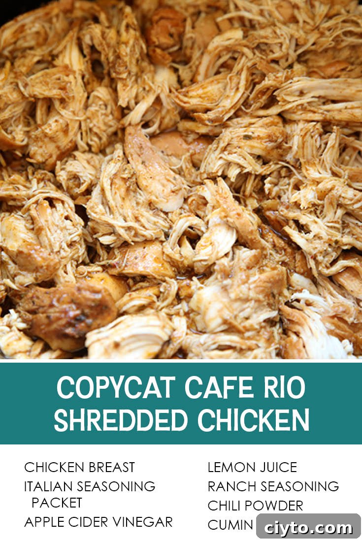 Pinterest picture of copycat Cafe Rio shredded chicken with the text of the ingredients at the bottom with the text of the title right above the ingredients list.