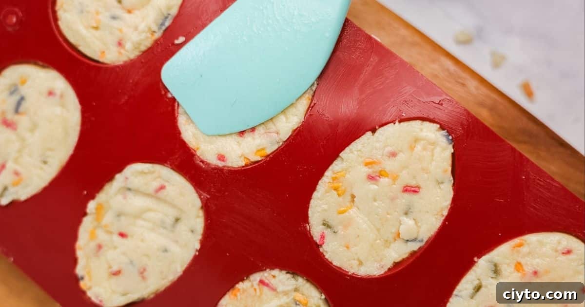 Sugar-Free Protein Easter Egg Recipe with Sprinkles 5 pressing protein easter eggs into a red silicone mold with a teal spatula