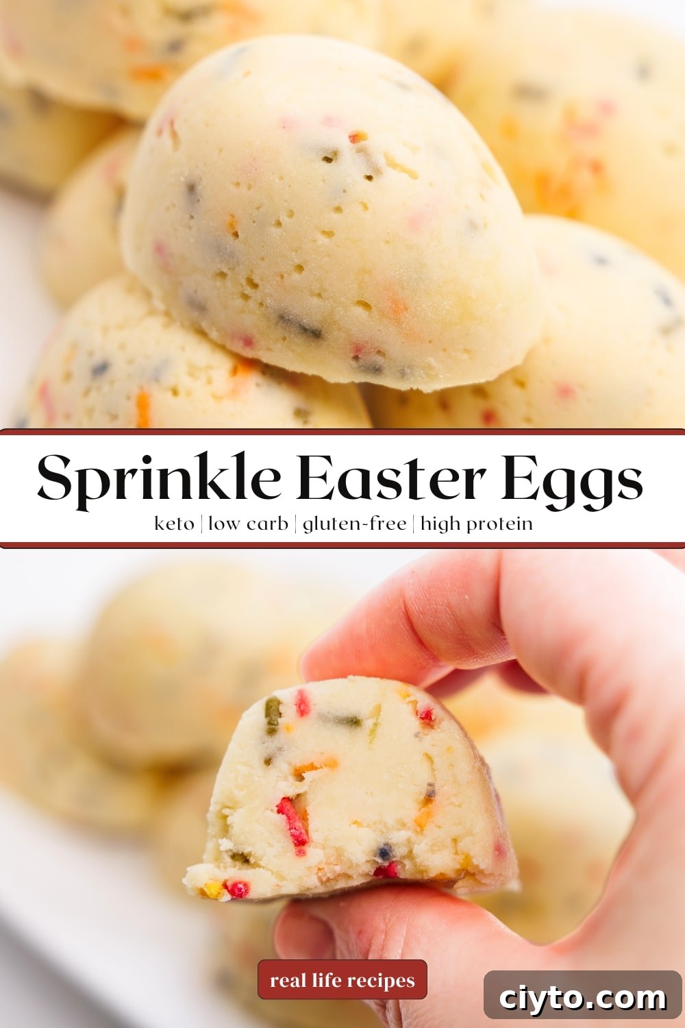 Sugar-Free Protein Easter Egg Recipe with Sprinkles 7 easter eggs made with white chocolate and sprinkles on a plate, and a cross-section of one egg being held
