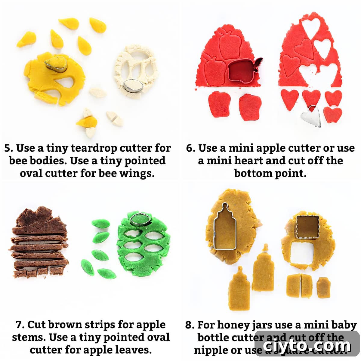 Rosh Hashanah Patterned Cookies: Creative Designs and Ideas 5 Instructions: yellow dough/ tear drop cutter bee bodies, white dough/oval cutter bee wings, red dough/apple cutter, brown dough/stems, green dough/ oval cutter leaves, gold dough dough/bottle cutter jars.