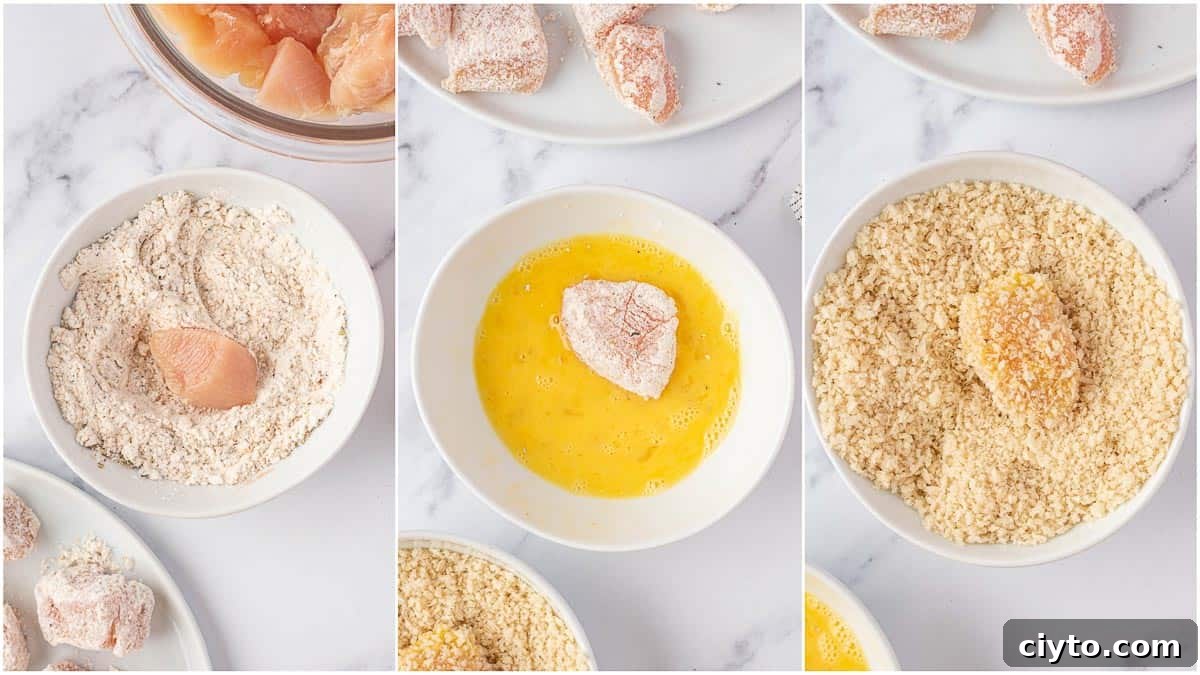 Chicken coated in flour, egg wash, then panko.