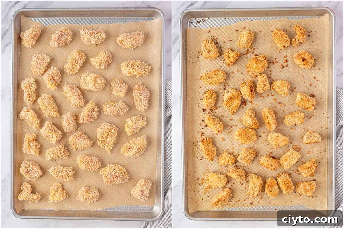 Before and after of baked popcorn chicken on a sheet pan.