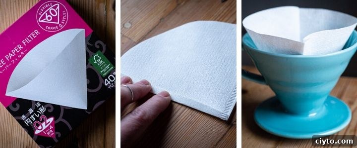 3 images showing how to fold a paper coffee filter for the Hario V60