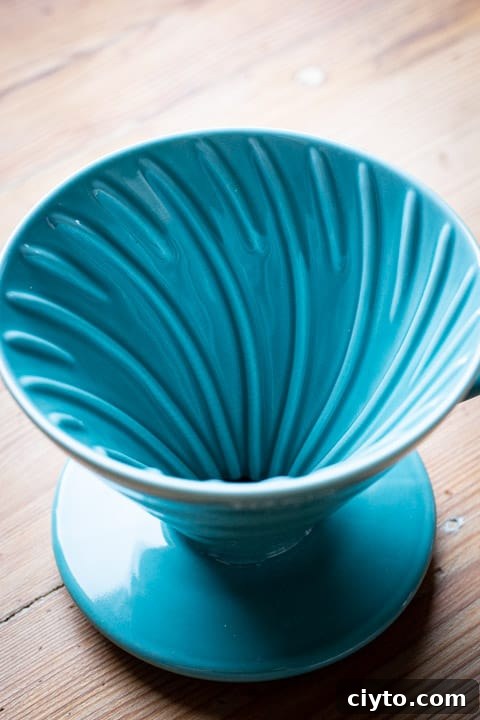 whirly design on the inside of a Hario V60 drip coffee maker