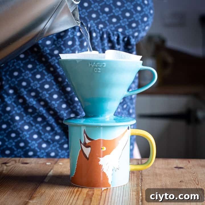 woman pouring water from a kettle into turquoise coffee maker over a fox cup