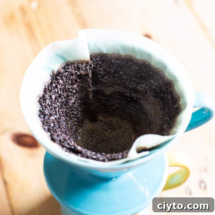 inside of a paper coffee filter as the coffee drains through