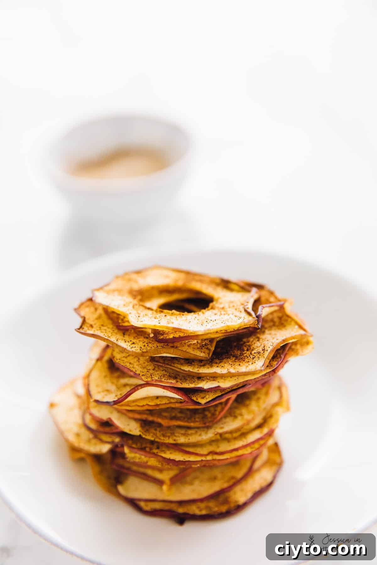 Easy homemade apple chips are crispy, chewy, rich, sweet, and covered in spicy cinnamon, making them the perfect fall snack. A tall stack of apple chips covered in cinnamon sugar on a plate.